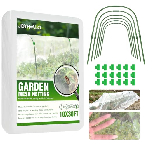 6 Sets Garden Hoops with 10x30 Ft Netting for Raised Beds, 18 Clips | 10x30 Ft Garden Net, Bird & Cicada Net for greenhouse, Vegetables, Trees, Garden crops, Plant cover, Frost guard, Shade cloth - color: Green-10*30ft