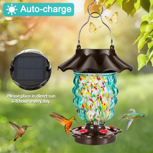 LUJII Solar Hummingbird Feeder for Outdoor Hanging, RGB Illuminated Hand-Blown Glass Lantern, 35 fl.oz, Leak-Free & Rust-Resistant, Metal Cap with 5 Feeding Ports, Pineapple Design, Teal - color: Teal