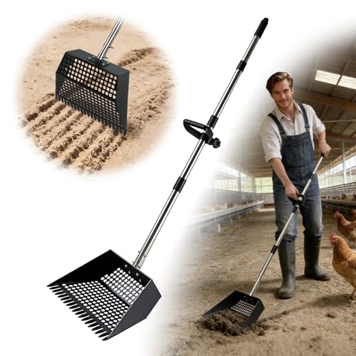 12" Wide Chicken Poop Scooper, 2-in-1 Chicken Poop Scoop Rake, Stainless Steel Scoop, Adjustable Handle, for Chicken Coop, Farm & Pet Waste Cleanup - color: 12" Wide, size: 63.0"L x 12.0"W x 3.0"H
