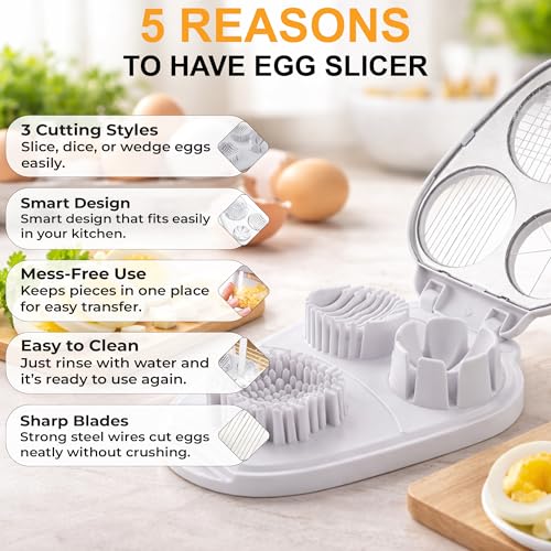 Egg Slicer for Hard Boiled Eggs – 3-in-1 Stainless Steel Egg Cutter & Hard Boiled Egg Slicer, Heavy Duty Egg Chopper with Cleaning Brush for Strawberry, Mushroom, Grape, Cherry Tomato