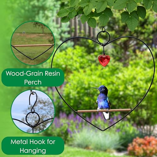 Tweet Heart Hummingbird Swing - Black - Wooden Dowel | Decorative Jewel Heart - Hummingbirds Guard Their Feeder - Black Metal Frame - color: Black