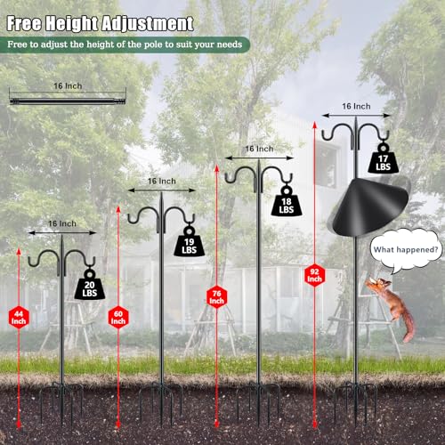 Gtongoko Squirrel Proof Bird Feeder Pole, 92 Inch Double Shepherds Hook with 19 Inch Squirrel Baffle, Heavy Duty Adjustable Outdoor Bird Feeder Stand with 5-Prong Base for Garden, Plants, Black - size: 92 Inch Pole & Baffle