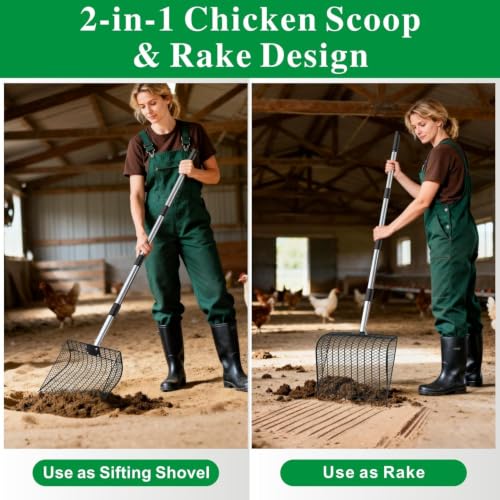 Chicken Poop Scooper & Rake 2-in-1, 25" to 67" | Large Metal Stainless Steel, Chicken Litter Scoop with Handle, Farm Pet Waste Cleaning, Sifting Litter Shovel - size: 11.8"L x 9.5"W x 3.5"H