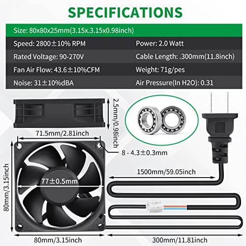80mm Muffin EC Cooling Fan 80x25 Dual Ball Axial Exhaust Fan | AC 110-240V Power, small cooling fan for reptile terrarium, incubator, PC cabinet, electronics ventilation & DIY project - style: 80mm x 25mm