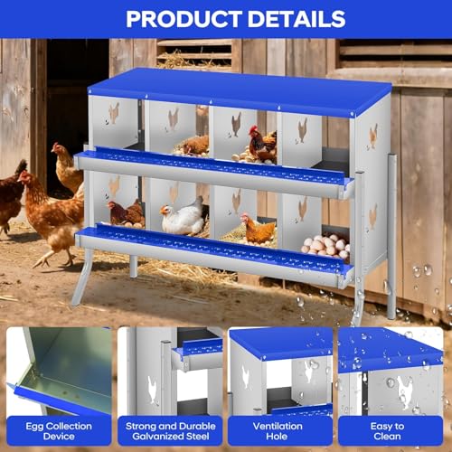 8 Compartment Chicken Nesting Box, Heavy Duty Metal Laying Box with Perch, - color: Blue, size: 8 Compartments with legs