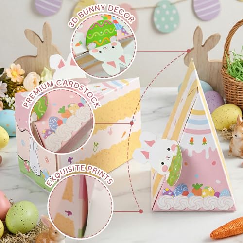 10 Piece Cake-Style Easter Box Set, Candy Chocolate Dessert Containers with 3D Bunny & Egg Decor + Pink Ribbon Perfect Easter Treat Boxes & Party Favor Containers for Baby Shower, Birthday Party
