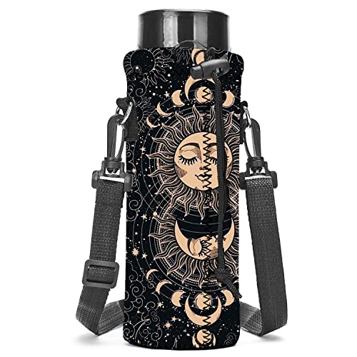 AMARY Neoprene Water Bottle Carrier Bag with Adjustable Shoulder Strap, Insulated Carrier for Stainless Steel/Glass/Plastic Bottles, 500ML/16.9OZ (Sun Moon) - color: Sun Moon