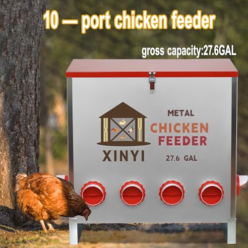 XINYI Automatic Metal Chicken Feeder, 27.6 Gallon Large Capacity with 10 No Waste Ports, Gravity Feeder with Locking Lid & Riveted Handles, Rodent Proof and Weatherproof for Your Chicken Coop - size: 10 ports