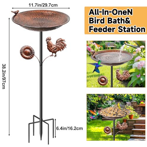 38" Metal Bird Bath for Outside, Vintage Garden Birdbath with Bird Statue, Freestanding Bird Bath Freeder with Sturdy 5 Prongs Base for Outdoors Patio Yard Lawn Decor(Vintage Brown) - color: Vintage Brown
