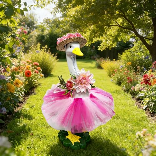 Porch Goose Outfits Statue Outdoor Decor, Large Resin Garden Duck Sculpture | Indoor Decrations with Flower Outfits and Hat,Yard Lawn Housewarming Birthday Gifts for Mom,Women,Girl& Garden Lovers - style: flower hat goose