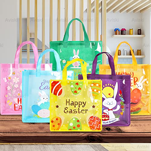 6PCS Happy Easter Egg Hunt Bags Easter Bunny Carrot Chick Egg Gift Bags with Handles, Easter Treat Bags, Multifunctional Non-Woven Easter Bags for Gifts Wrapping, Easter Party Supplies , 13×13×4inch - color: Pink Purple Green Blue Orange