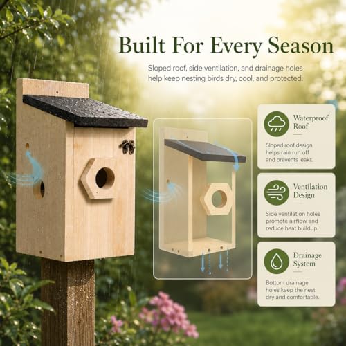 2 Pack Wooden Bird House for Outside Hanging, Birdhouse with 3 Interchangeable Entrance Holes, Predator Guard & Easy Clean Door, Outdoor Nesting Box for Bluebirds, Wrens, Chickadees - style: 2 Pack