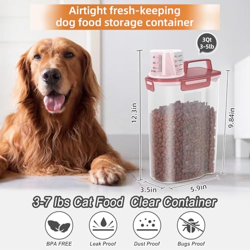 LEAWALK 3-5Lbs/3Qt Dog Cat Storage Container Portable with Upgraded Large Spout and Cup. Plastic Pet Food Dispenser for Small Animal Kibble, Bird Seed, Oatmeal, Rice, Flour, Brown Sugart (Clear PInk) - color: Clear Pink, size: 3L-1pack