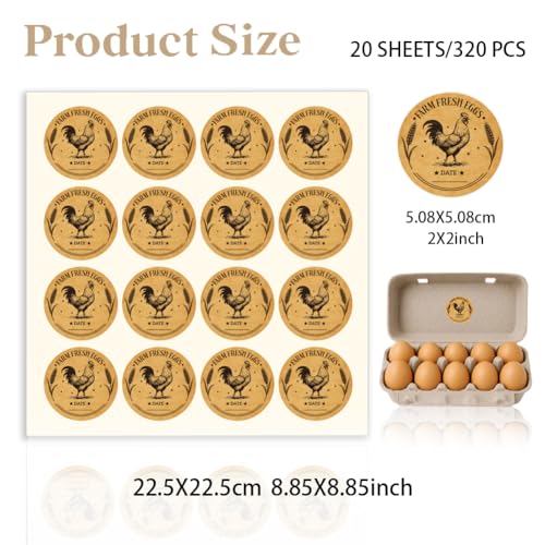 320 Pcs Farm Fresh Eggs Carton Labels, 2 Inch Round Kraft Paper Style Unwashed Eggs Labels Self-Adhesive Egg Packaging Stickers for Chicken Egg Box Container Farm Supplies - color: Kraft Paper Style