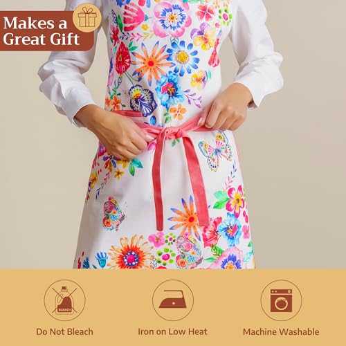 Maison d' Hermine Aprons for women with Pocket 100% Cotton (27.50"x31.50") | Adjustable Neck Strap & long ties Apron Men Chef Wedding Cooking Gardening Server Maid - color: 026 - Happy Florals - High Summer