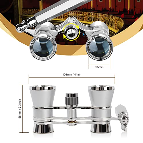Aomekie Opera Glasses Binoculars 3X25 Lorgnette Theater Glasses Mini Binocular Compact with Handle for Adults Women in Musical Concert（Silver） - color: Silver with Handle
