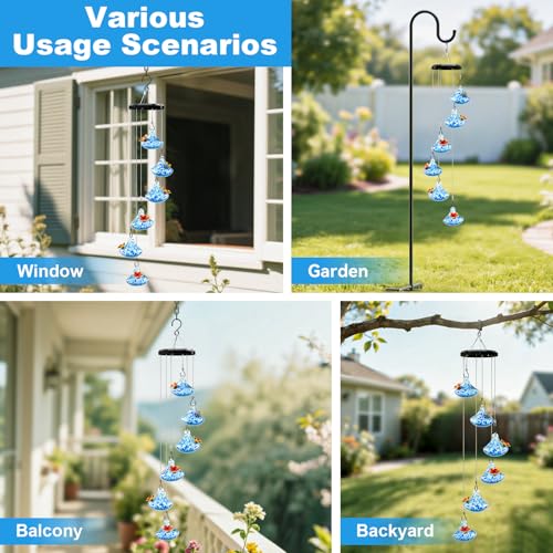 Wind Chime Glass Hummingbird Feeder - 20 Oz Outdoor Hanging Feeder with 6 Ports Attract More Hummingbirds, Leak-Proof Design, Unique Garden Backyard Decor & Ideal Gift, Blue