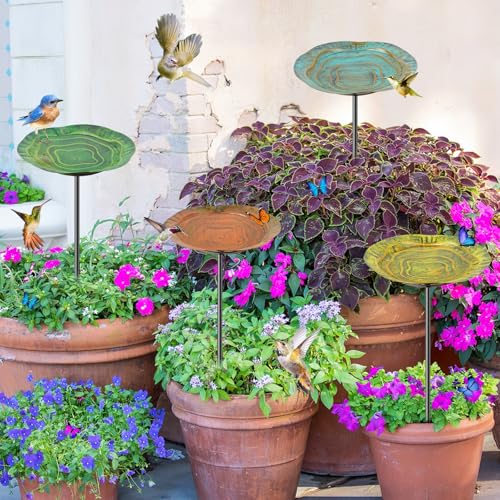 4 PCS Metal Bird Baths for Outdoors, Small Garden Bird Bath with Metal Stake, Hummingbird Feeder for Yard Lawn Decoration (4P-Wave Basin) - color: 4P-Wave Basin