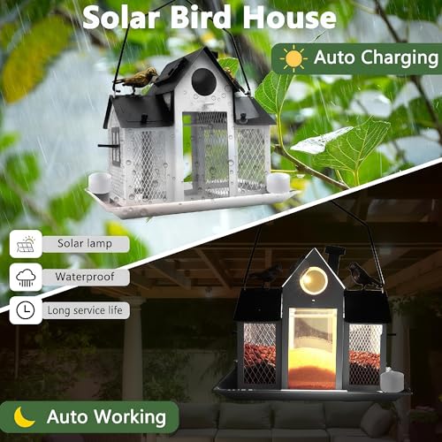 Solar Bird Feeders House for Outside Hanging, Metal Wild Bird Feeder for Outdoors Large Capacity Cardinal Birdfeeder Birdhouses Metal Bird Feeding Station White - color: white