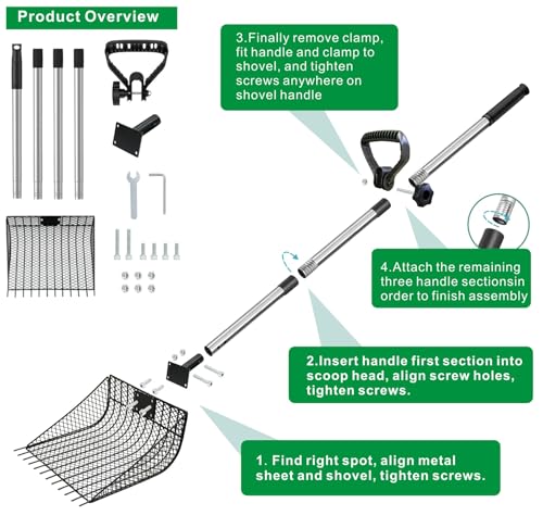 Chicken Poop Scooper & Rake 2-in-1, 25" to 67" | Large Metal Stainless Steel, Chicken Litter Scoop with Handle, Farm Pet Waste Cleaning, Sifting Litter Shovel - size: 11.8"L x 9.5"W x 3.5"H