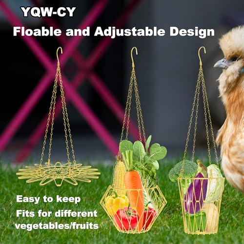 Hanging Chicken Feeder with Shepherd's Hook, Foldable Chicken Vegetable Feeder, Golden Poultry Fruits Feeding Holder Basket with Hanging Chain for Chicken Coop Accessory