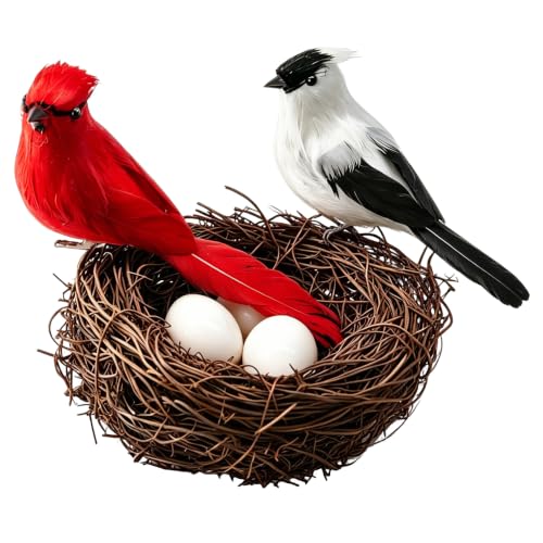Artificial Red Cardinal Birds with Nest & Eggs - Real Feathers Clip On Mini Bird Figurines Realistic Ornaments for Christmas Tree Easter Wreath Garden Home Decor Crafts Gifts for Bird Lovers