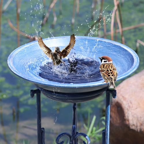 Multifunctional Solar Bird Bath, Solar Powered Bird Bath Fountain | Metal Birdbath Stand and Solar Fountain Bird Bath Bubbler Combo Set,High-efficiency solar panels（Blue） - color: Blue