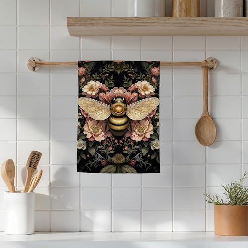 Vintage Moody Floral Bee Kitchen Towels, Bee Lover Gifts, Dark Cottagecore Botanical Bumblebee Insect Dish Tea Towels for Kitchen Bathroom Decor, 16x24 Inch - color: 14color