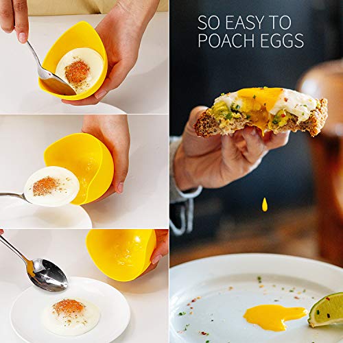Silicone Egg Poacher Cups, 4 Pack with Stable Ring Base | Make Poached Eggs Easily on Stovetop, Microwave, Air Fryer or Oven, Easy Release, BPA-Free, Includes Oil Brush