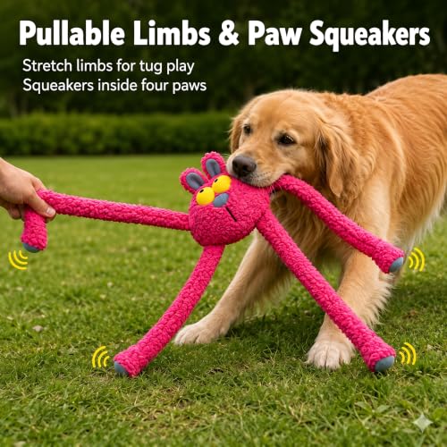 Squeaky Rabbit Dog Plush Chew Toy, Interactive Tug Squeaky Toy for Chewers, Medium Large Dogs & Fetch Play, 31.5 Inch Stuffed Play Toy with Stretchable Limbs for Gentle Gum Care & Boredom Relief - color: Rose Red (Swinging Rabbit)