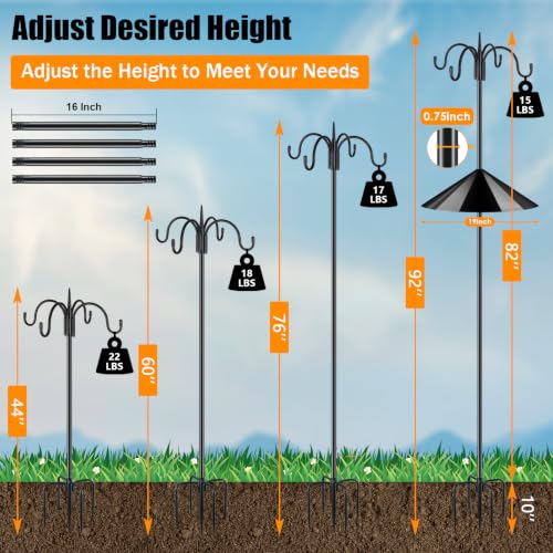 Heavy Duty Shepherds Hook Squirrel-Proof Bird Feeder Pole 92" Four Hooks 5-Prong Base & 19" Baffle for Outdoor Feeders & Plants - color: w/ Squirrel Baffle, size: 92" Quadruple Hook