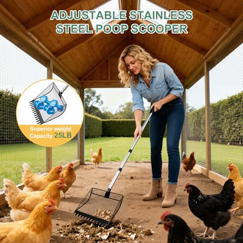 Chicken Poop Scooper & Rake 2-in-1，Litter Sifting Shovel，Metal Chicken Coop Scoop with Adjustable Handle(34" to 65") for Chicken Run, Animal Farm, Duck Coop Black