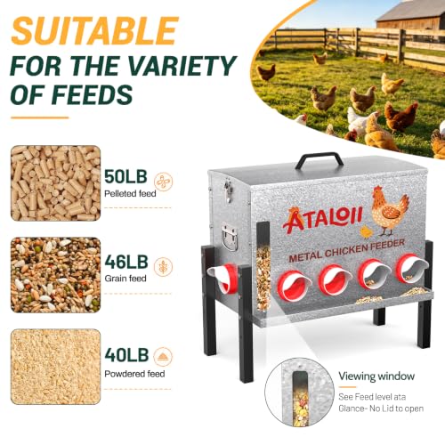 16gal 82LB Large Automatic Chicken Feeder with Window, Food Tray - No Waste | No Spill, Rust-proof Alloy Steel Poultry Feeder, Waterproof Metal Chicken Feeder for Indoor & Outdoor Chicken Coops (10 Ports - size: 16gal