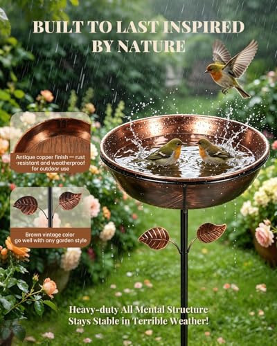 3.2In Deep Metal Bird Bath 40In High for Outside with 5 Prongs Base Stake | Free Standing Bird Feeder, Vintage Freestanding Birdbaths & Birdfeeder, for Yard Lawn Decor, Bronze, Adjustable Height