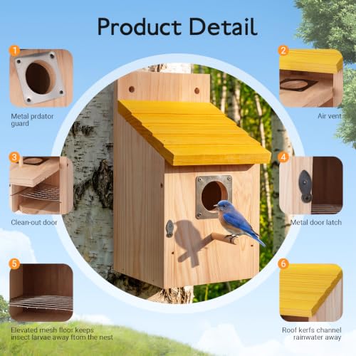 Marsui 4 Pack Wood Bird Houses for Outside Blue Bird Houses Set with Pole | Bird Houses for Outdoor, with Metal Guards, Safety Locks, Flight Slots, Ventilation for Bluebirds Wrens Finches