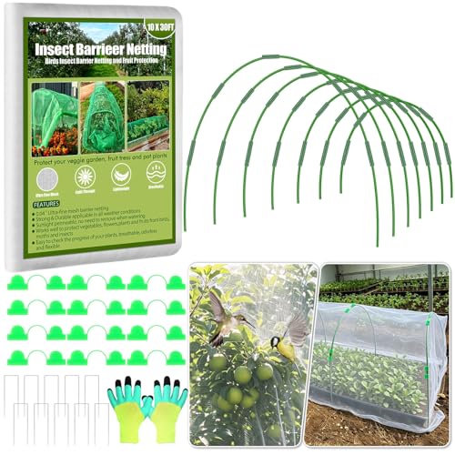 Tetutor Garden Mesh Netting Kit,7 Sets Wide Garden Hoops with 10x30 ft Garden Covers Bird Netting& 12 Clips, Garden Protection for Raised Beds Greenhouse Vegetable Plants Flowers Green - color: Green+white