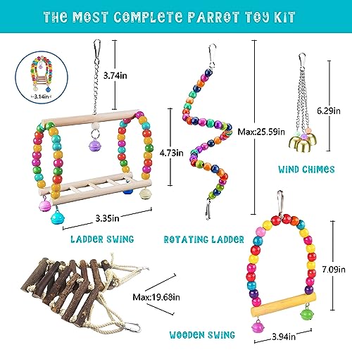 23pcs Bird Parakeet Cockatiel Toys,Parrot Swing Chewing Hanging Toy with Safe Bells,Bird cage Colorful Climbing Standing Rope Natural Wood Ladder Bungee Toys