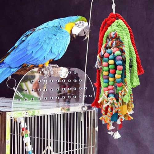 Large Bird Chewing Toys, 21.7 × 5.1 inch Parrot Shredding Wooden Block and Cotton Rope Toys, Cage Accessories for Small to Large Birds Cockatiel Parakeets Lovebirds Conure Macaw African Grey Amazon
