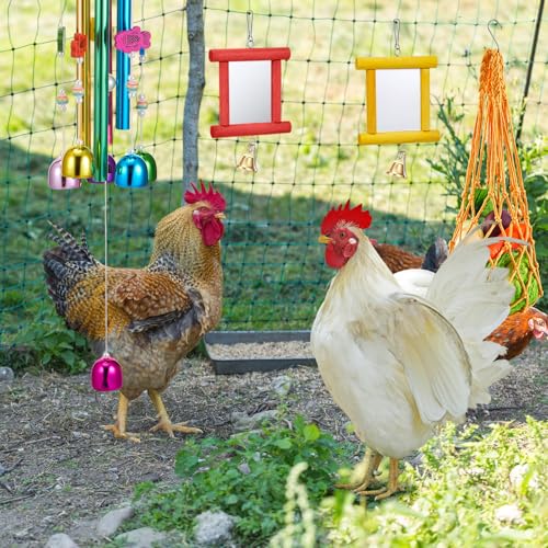 VioraWhite 9 Pcs Chicken Toys for Coop, Wind Chime, Chicken Mirror Toys with Bells, Beak Grinding Stones Swing Vegetable Net Bag, Vegetable Fruits Hanging Fork for Hens Bird Parrot