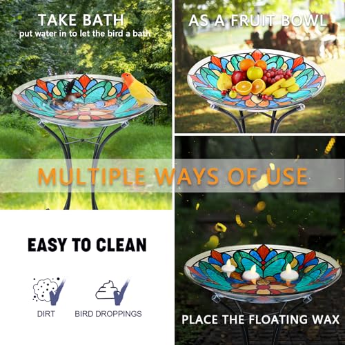 Glass Bird Bath with Metal Stand, Outdoor Bird Feeder Garden Decor | Glass Large Bird Baths Bowl with Metal Stand for Outdoors, Symmetrical Patterns Bird Feeder for Outside Garden, Patio Decor - color: kaleidoscope