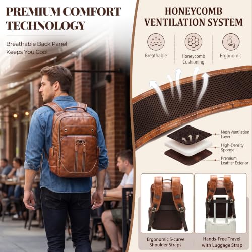 Full Grain Leather 16" Laptop Business Travel Backpack for Men, Orange | Vegetable Tanned Leather, YKK Metal Zippers, 5 Compartments, Ergonomic S-Straps, Large Capacity, Trolley Sleeve - color: Orange
