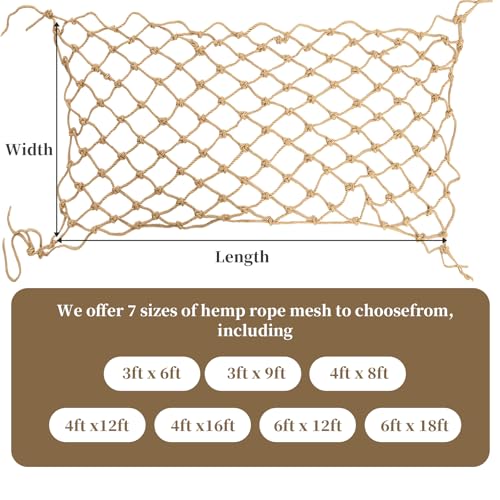 Jute Hemp Rope Net (3ftx9ft), Heavy Duty Natural Climbing Safety Rope Netting Balcony Stairs Fence Garden Playground Protection Net Indoor & Outdoor Decor Rope Net - size: 3ftx9ft