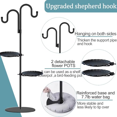 Upgraded 74" Shepherd's Hook Stand plant，Bird Feeder，Wind Chime Hanger Stand, Waterproof Metal & Adjustable-Height Standing Pole Holder for Lantern and Wreath, Indoor & Outdoor（2 Placement Racks)