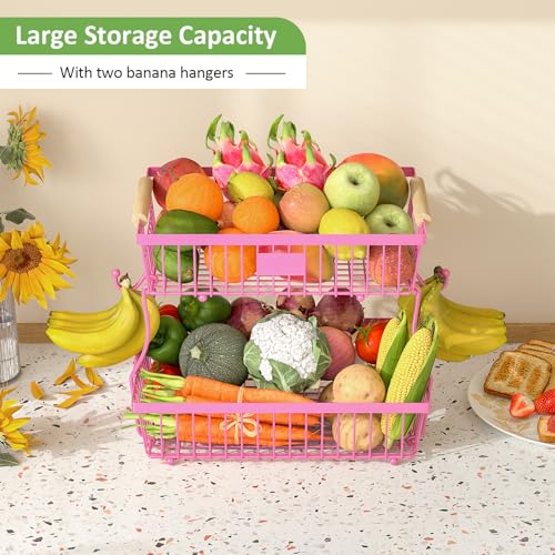 2 Tier Fruit Basket for Kitchen Counter with 2 Banana Hangers, Countertop Metal Fruit Bowl with Wooden Handle, Large Storage Stand for Vegetables, Snacks, Breads, Produce Storage – Rose Pink - color: Rose Pink, size: 2 Tier