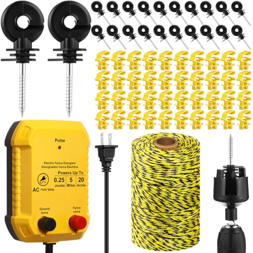 Electric Wire Fence Kit, 5 Mile 110VAC 0.25 J Plug in Fence Charger with 656 FT Polywire, 40 T Post Insulators, 20 Screw in Insulators for Pasture Farm Horse Cattle Poultry Fencing - size: 656FT, style: 0.25J