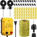 Electric Wire Fence Kit, 5 Mile 110VAC 0.25 J Plug in Fence Charger with 656 FT Polywire, 40 T Post Insulators, 20 Screw in Insulators for Pasture Farm Horse Cattle Poultry Fencing - size: 656FT, style: 0.25J