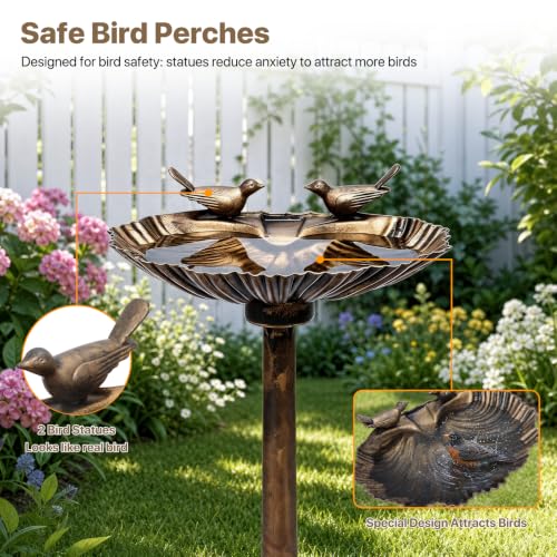 Athena Collection 31.5" Solar Powered Pedestal Bird Bath Fountain, Bronze | Detachable Solar Fountain Broad, 6 Spray Patterns, 5L Water Large Capacity，3 Ground Nails Included for Garden Yard Lawn - color: Bronze
