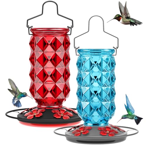 2 Pack Glass Hummingbird Feeders for Outdoors, 25 Ounces Wild Bird Nectar Feeder with Perch & 5 Flower Feeding Ports Leak Proof Hanging for Garden Backyard Decor, Gifts for Women Mom, Red & Blue - color: 2 Pack Diamond Sparkling Red & Blue
