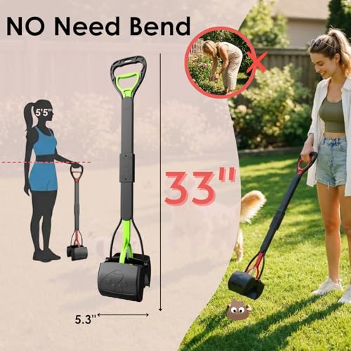 33" Pooper Scooper 2 Pack, XL Long Handle No-Touch Dog Pooper Scooper | Heavy duty pooper scooper for large small dogs. Durable Spring &Lightweight,portable poop pickup tool for no-bend,hands-free.
