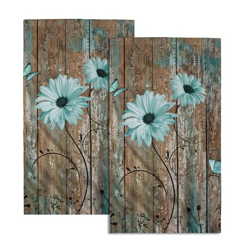 Giwawa Rustic Barn Sunflower Wooden Hand Towel 15x30 Set of 2, Fall Teal Daisy Flower Plank Fingertip Towel Retro Board Face Towel Country Barnwood Washcloth for Bathroom Farmhouse Log Cabin - color: Board Daisy Teal